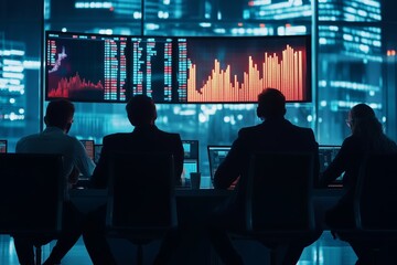 Poster - traders analyzing financial data during nighttime at a modern office in a bustling city