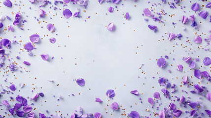 Wall Mural - lavender and champagne confetti: a soft yet elegant frame made from lavender and champagne-colored confetti, scattered around a light gray background