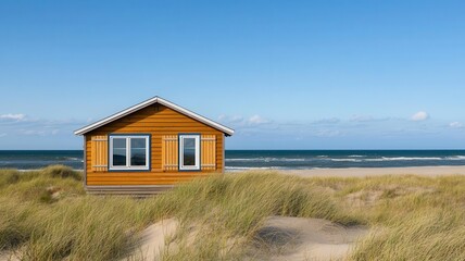 Cozy beach cabin with wooden shutters, nestled among sand dunes and seagrass   rustic beach home, coastal simplicity