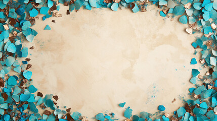 turquoise and bronze confetti: a refreshing frame made from turquoise and bronze confetti, arranged around a soft sandy beige background