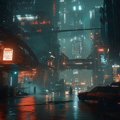 futuristic cityscape illuminated by neon lights, featuring towering skyscrapers and rainy atmosphere. scene captures sense of mystery and intrigue, with reflections on wet surfaces enhancing