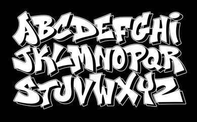 Street art font. Urban graffiti alphabet, edgy and modern hand drawn typography, outlined capital letters with 3D shadow for hip hop street culture inspired lettering design vector set