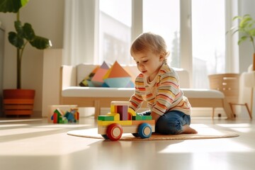 Sticker - A colorful wooden toy car a male toddler playing baby construction.