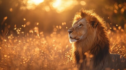 Wall Mural - powerful lion in the golden sunlight, symbolizing strength and dominance in the wilderness, a regal 