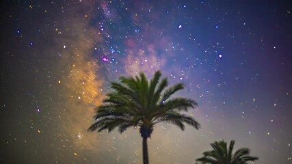Wall Mural - palm tree and vibrant milky way sky, time lapse view