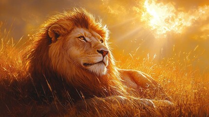 Wall Mural - powerful lion in the golden sunlight, symbolizing strength and dominance in the wilderness, a regal 