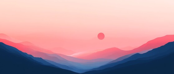 Wall Mural - Silhouette of mountains at sunset with red sun.