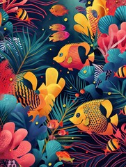 Illustration of Great Barrier Reef from Queensland, Australia Travel Poster in Colorful Flat Digital Art Style