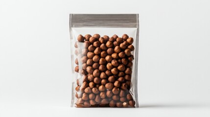 A glossy, resealable pouch of hazelnuts, boldly labeled, set against a clean white background, highlighting fresh and trendy food packaging.