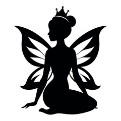 Wall Mural - a black silhouette of a fairy sitting on the ground. The fairy is facing away from the viewer