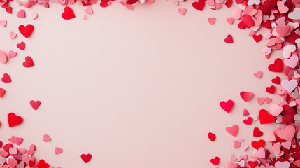 valentineâ€™s day confetti: a romantic frame made from pink and red heart-shaped confetti, arranged around a soft blush background, the sweet colors create a charming border