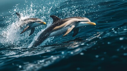 Two dolphins gracefully leaping from the ocean waves in a dynamic display.