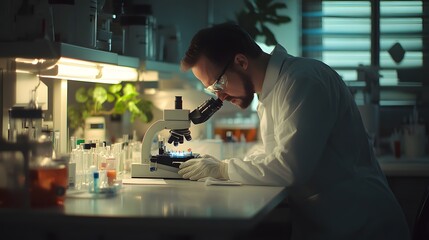 Poster - Scientist Examining Samples Under a Microscope in a Laboratory