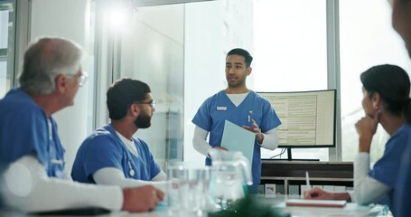 Canvas Print - Computer screen, meeting and presentation with doctor team in hospital boardroom for coaching. Diagnosis, training and upskill with medicine professional talking for healthcare or medical workshop