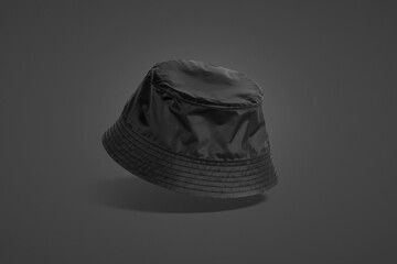 Sticker - Blank black nylon bucket hat mockup, dark background, no gravity