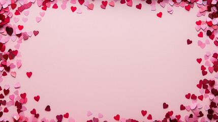 valentineâ€™s day confetti: a romantic frame made from pink and red heart-shaped confetti, arranged around a soft blush background, the sweet colors create a charming border