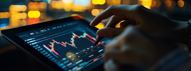 Poster - a person analyzing stock market trends on a tablet with vibrant financial graphs during evening hour
