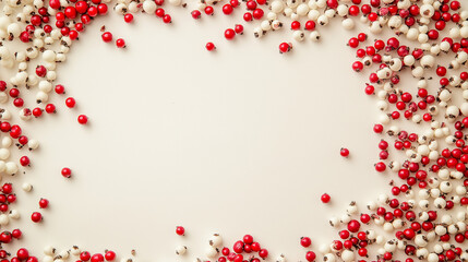 Wall Mural - winter berry confetti: a charming frame made from red and white berry-shaped confetti, scattered around the edges of a soft cream background, the bright colors evoke a sense of warmth and cheer