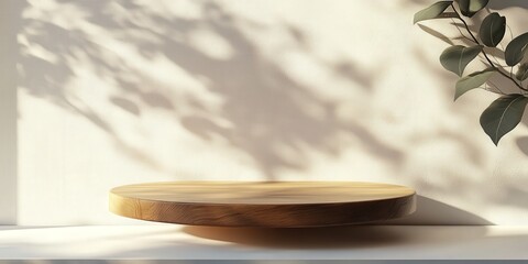 Wall Mural - round wooden shelf on white wall with natural shadows