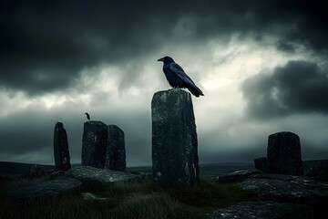 Crow perched atop ancient menhir standing stone, Ireland, dark overcast spooky sky, Celtic, the Morrigan myth legend