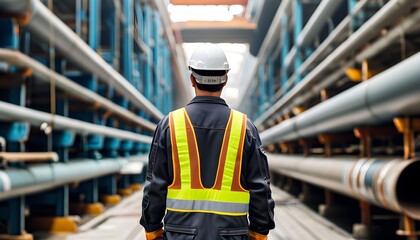 Wall Mural - Engineer assessing pipeline infrastructure in industrial plant, showcasing commitment to safety and innovation in engineering progress