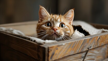 Curious ginger cat peering from a rustic wooden crate, showcasing playful surprise and adorable pet emotions