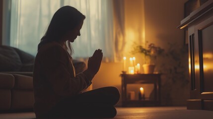 Wall Mural - Catholic woman praying in her room