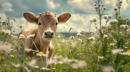 Sticker - Cute Calf in a Field of Daisies