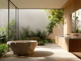 A large stone bathtub is in a bathroom with a view of a garden. The bathroom has a sink and a mirror