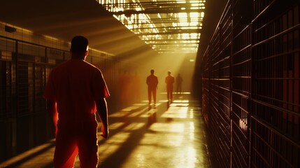 Wall Mural - dangerous prisoners, orange uniform, asylum, cinematic, dramatic lighting