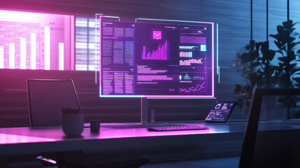 Poster - modern office workspace featuring a large monitor displaying data analytics and visualizations in a 