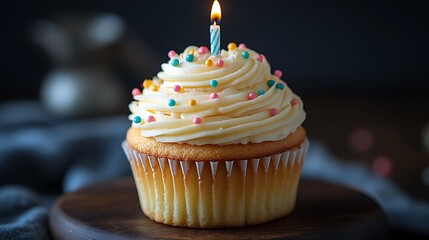 Wall Mural - A single cupcake with vanilla frosting and sprinkles, lit by a single candle on a wooden board.