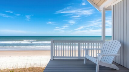 Traditional beach cottage with a front porch, looking out over gentle waves and soft sands   cozy beachfront, classic design