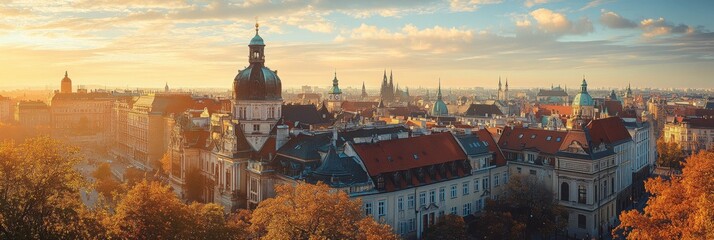 Historic city center panorama, softly blurred landmarks, vibrant atmosphere, architectural beauty, urban charm, rich cultural heritage