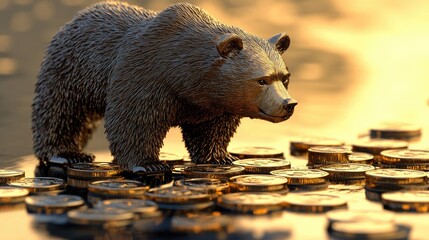 Poster - Financial bear market concept in 3D, with a bear approaching gold coins, visually representing market downturns and volatility.
