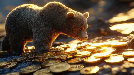 Poster - Financial bear market concept in 3D, with a bear approaching gold coins, visually representing market downturns and volatility.