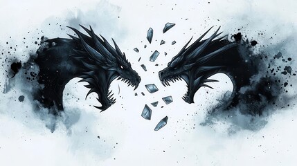 A battle between two glacial dragons, sharp ice shards flying, digital illustration, dark and cold tones, isolated on white background