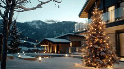 Wall Mural - A snowy outdoor scene with a beautifully decorated Christmas tree glowing in the evening light