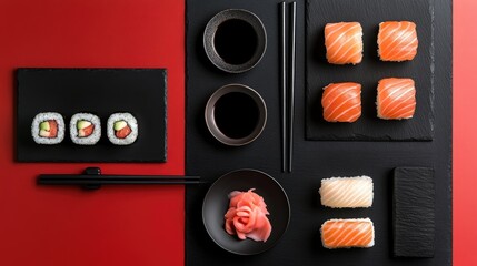 Flat lay of a sushi set with soy sauce and chopsticks on black slate plates, contrasting red and black backgrounds for a modern, Japanese cuisine vibe.