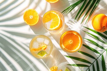 Seltzer With Fruit. Summer Cocktail with Orange and Citrus Fruits in Glasses