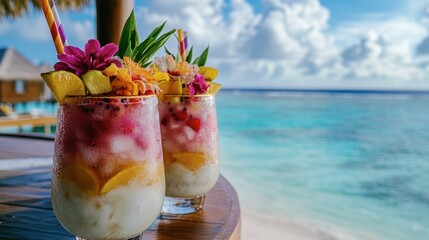 A close-up of tropical cocktails served by the beach, garnished with fresh fruits and vibrant flowers, with the stunning Maldivian sea in the background.