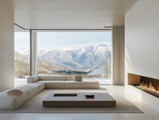 A living room with a fireplace and a large window overlooking the mountains. The room is decorated in white and has a couch, a coffee table, and a chair