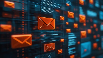 Digital email icons on a vibrant network interface, technology background. Email Marketing concept.