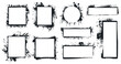 © MicroOne - Spray paint graffiti stencil frames set. Paint splash artistic grunge texture borders with drips and splashes. Rectangular square round shape. Simple black and white flat style isolated vector banner
