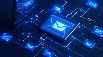 Poster - Digital email symbol connected through a blue circuit network on a dark background. Email Marketing concept.