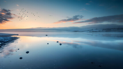 Wall Mural - Serene Sunrise Over Foggy Lake with Birds Flying