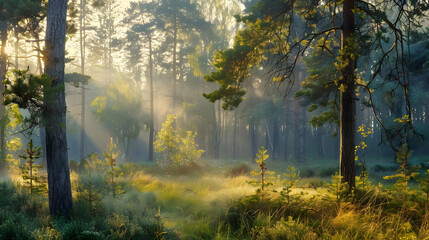 Poster - Sunbeams Through a Misty Forest: A Tranquil Woodland Scene