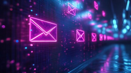 Poster - Digital mail icons on glowing background Email Marketing concept.