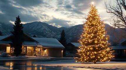 Wall Mural - A snowy outdoor scene with a beautifully decorated Christmas green tree in the day