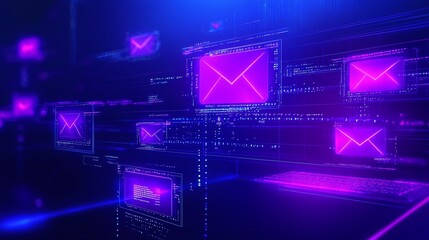 Poster - digital representation of emails with glowing purple envelopes on a blue background. email marketing